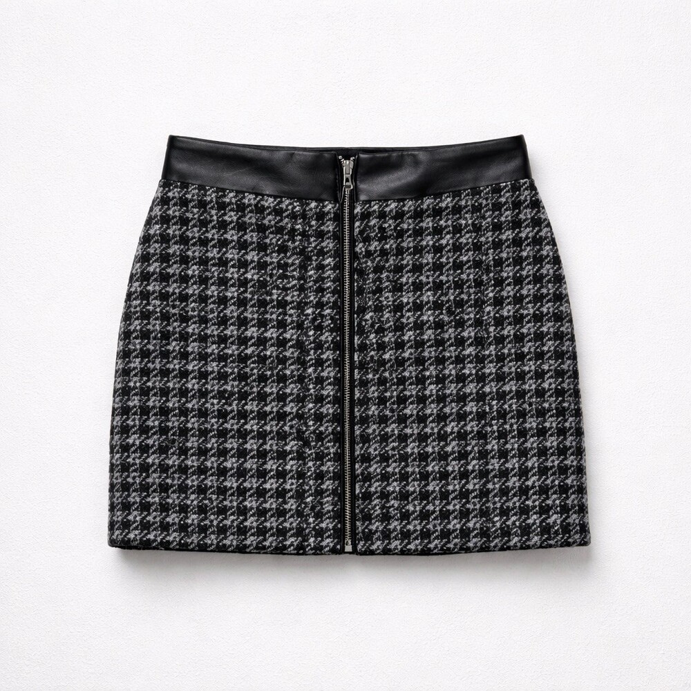 $265 The Kooples Skirt Womens Size 6 Black White Check Tweed Mini Leather - Picture 4 of 7